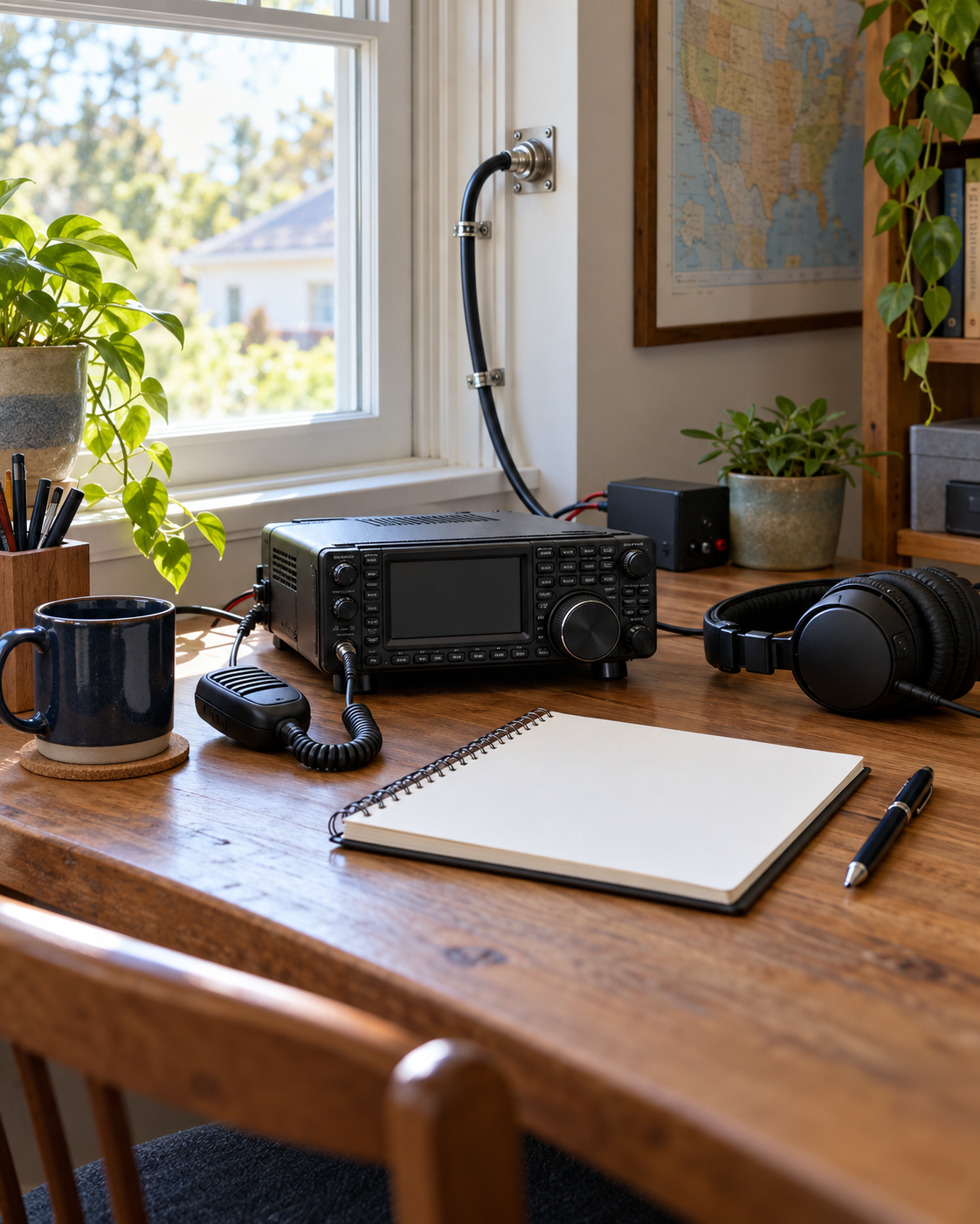A modest amateur-radio desk with a compact transceiver, microphone, headphones, blank notebook, and a safely routed feed line beside a window.